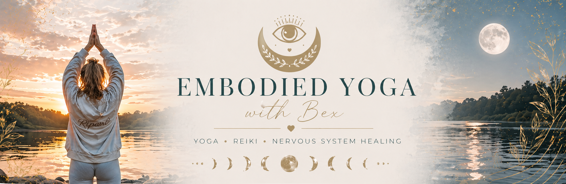 Yoga instructor practicing yoga by a lake with 'Emodied Yoga with Bee' branding.